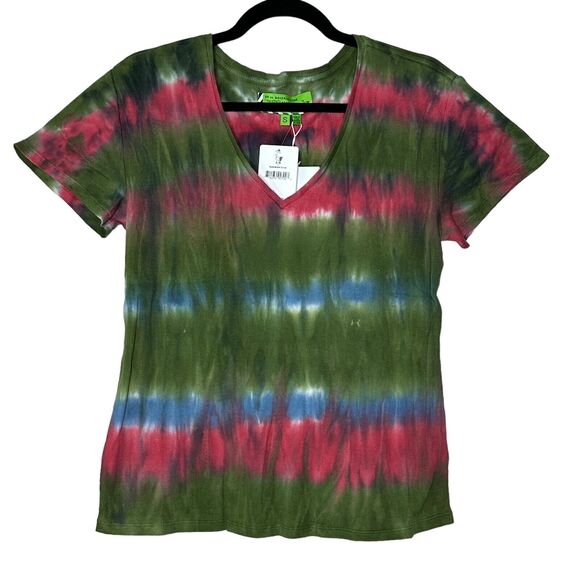 Sandrine Rose Tie Dye Ribbed V-Neck T-Shirt Pink Green Blue Women Medium NWT - Picture 1 of 11